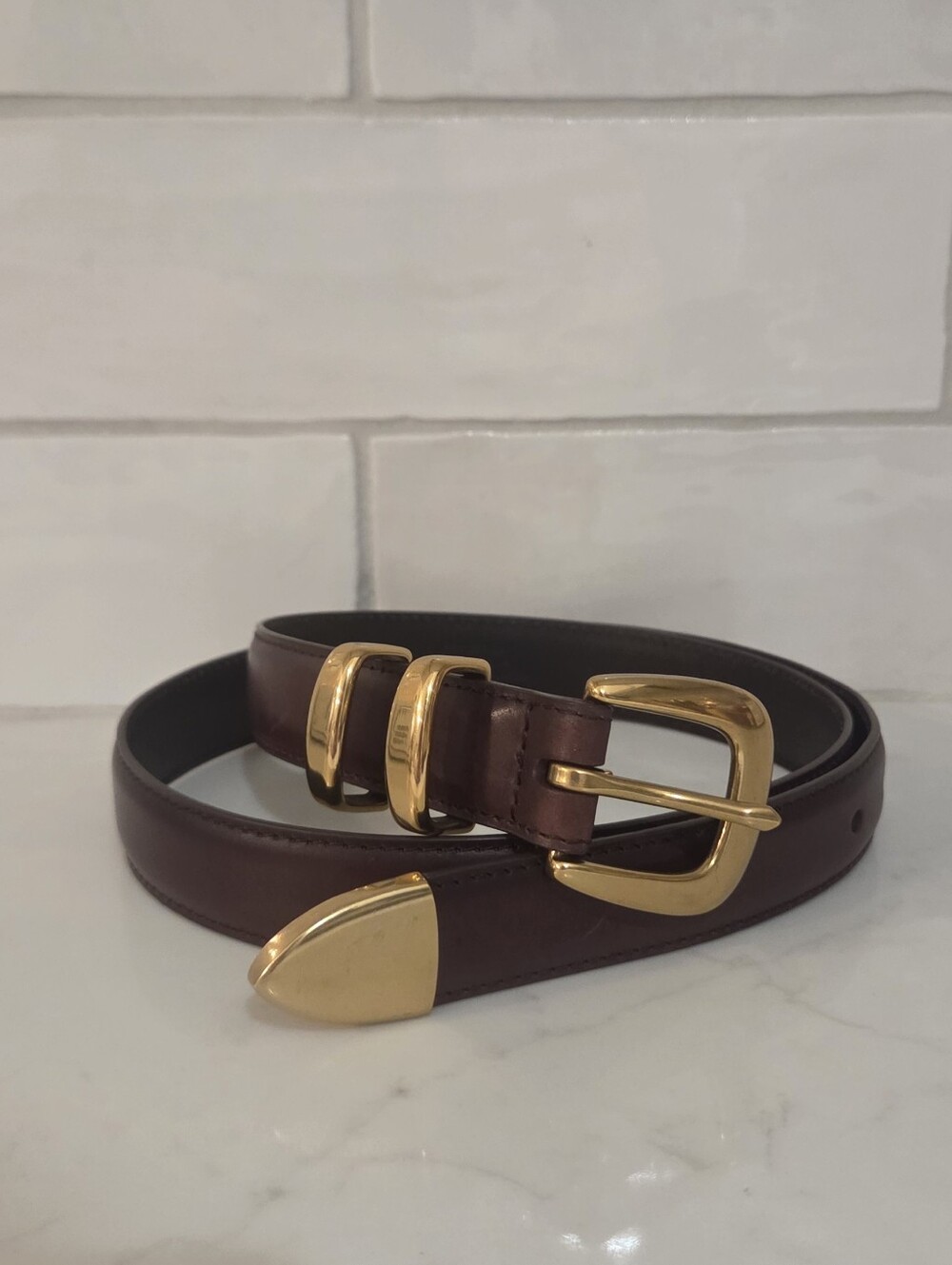 Babaton Leather Dark Brown Brass Belt Size Small Aritiza